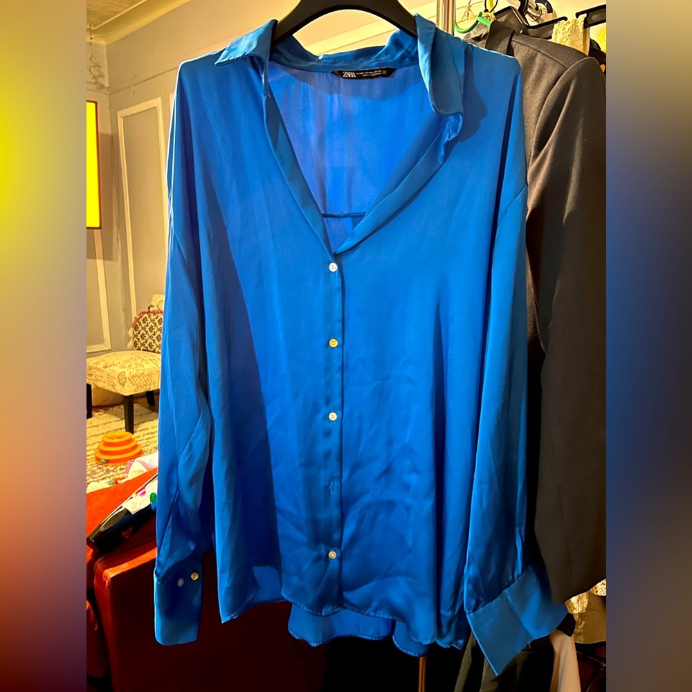 Blue Zara blouse long sleeve silk shirt. Size XXL